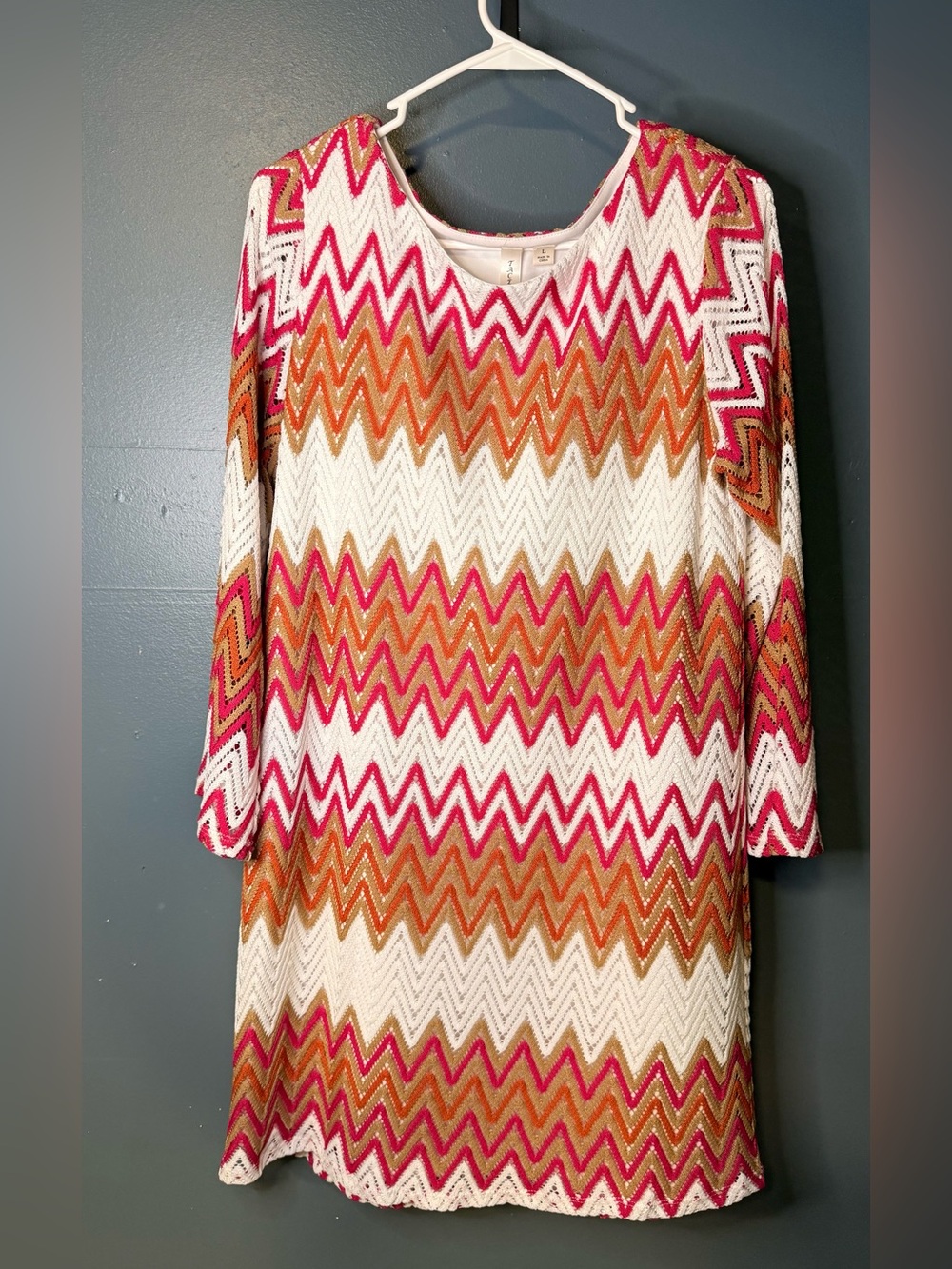Tacera Chevron Knit Long Sleeve Dress in White, Pink & Orange bell sleeved